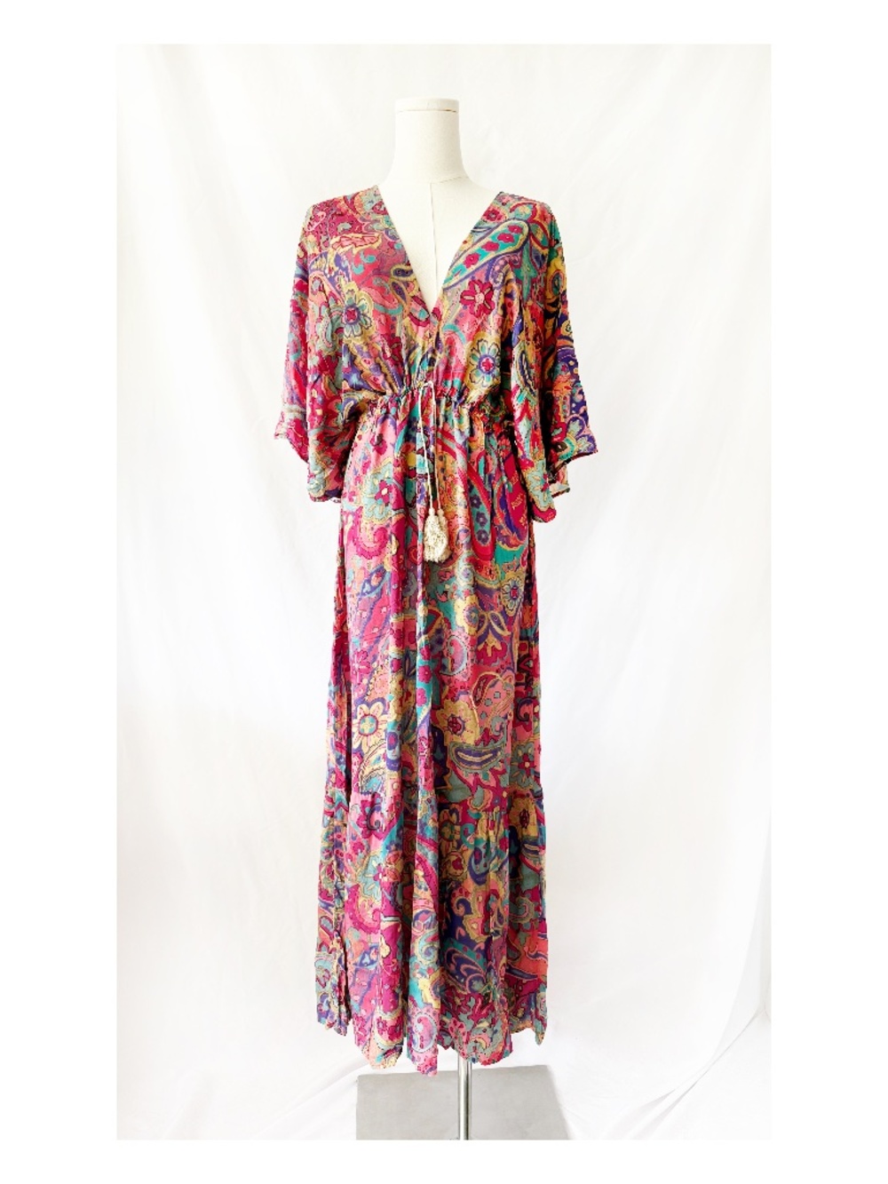 Pink Floral Boho Caftan maxi dress Deep VNeck Large